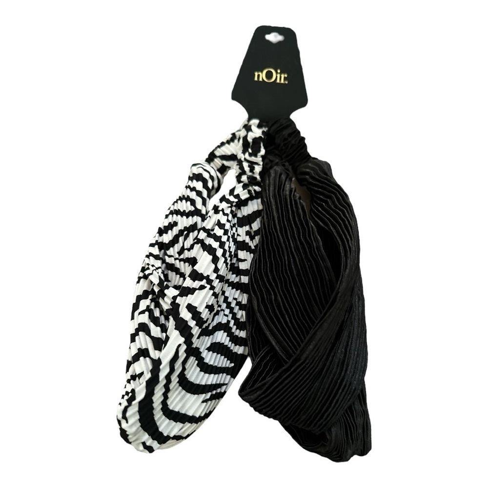 Noir 2-Pack Pleated Fabric Headbands – Black & Black/White Print – NWT